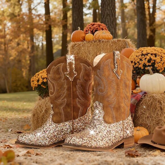 Unisex Child Sequins Brown Mid Calf Glitter Toddler Cowboy Boot Little Big Kids - Picture 4 of 8